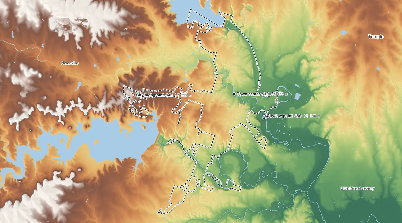 Topographic elevation map of Belton, Texas, shaded from 450 ft on the southeast side to 840 ft on the west side