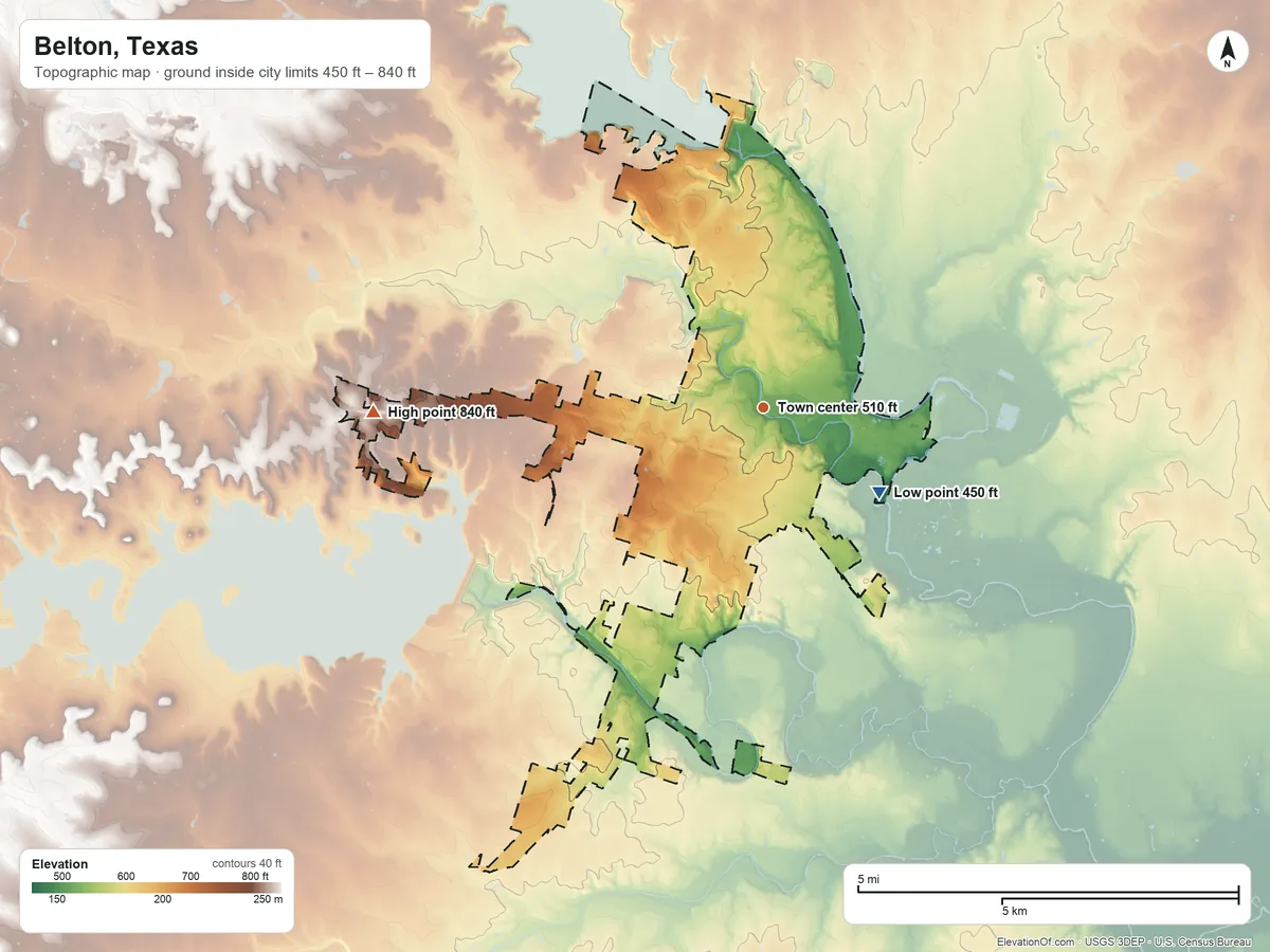 Topographic elevation map of Belton, Texas, shaded from 450 ft on the southeast side to 840 ft on the west side
