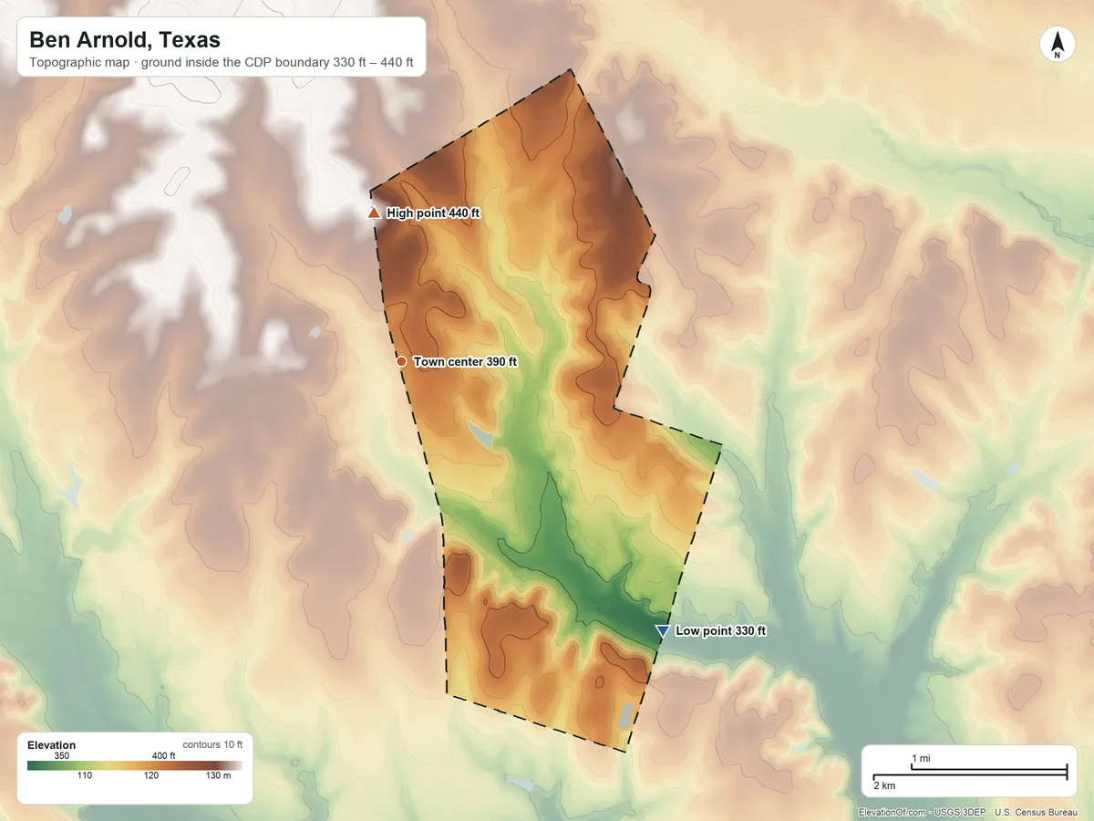 Topographic elevation map of Ben Arnold, Texas, shaded from 330 ft on the southeast side to 440 ft on the north side
