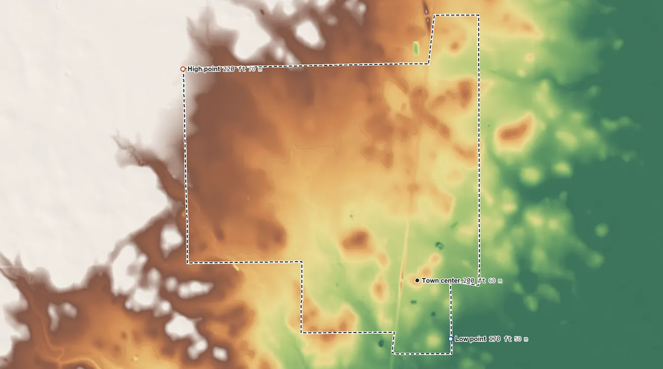 Topographic elevation map of Ben Bolt, Texas, shaded from 170 ft on the southeast side to 220 ft on the northwest side