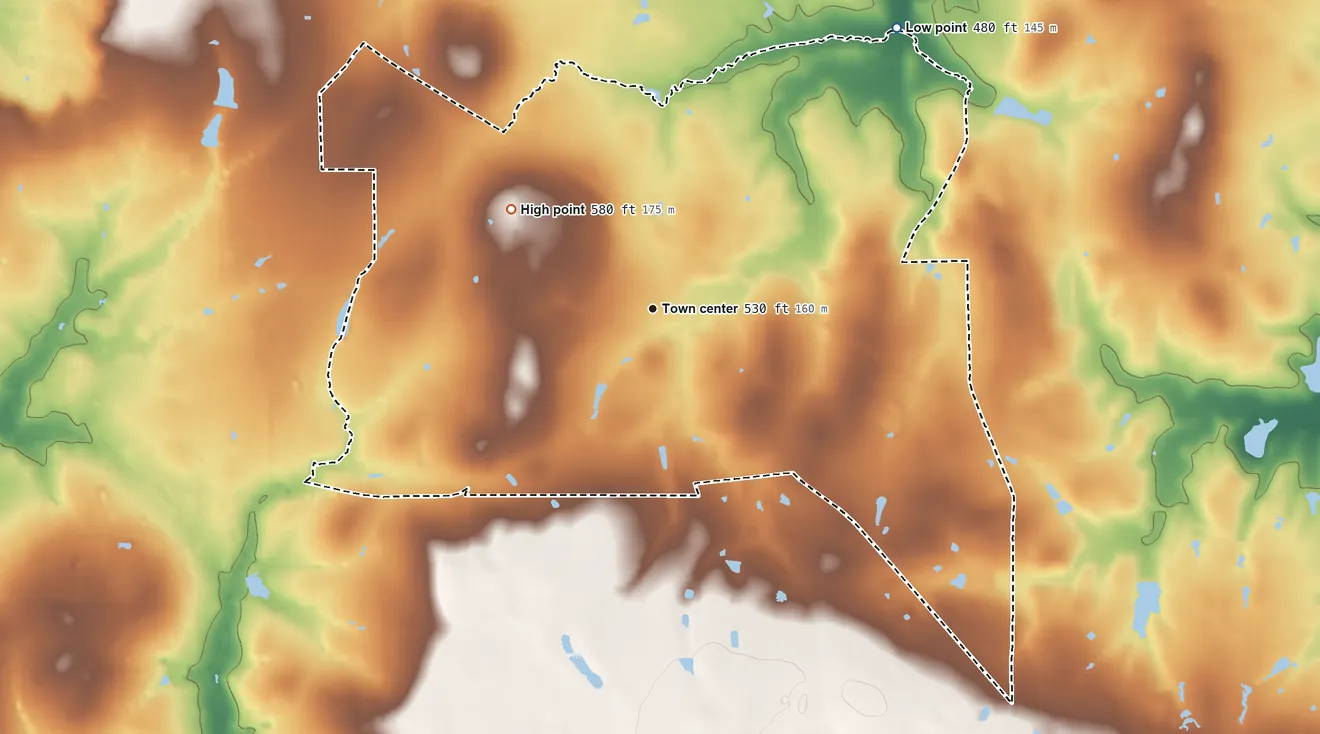 Topographic elevation map of Ben Wheeler, Texas, shaded from 480 ft on the northeast side to 580 ft on the northwest side