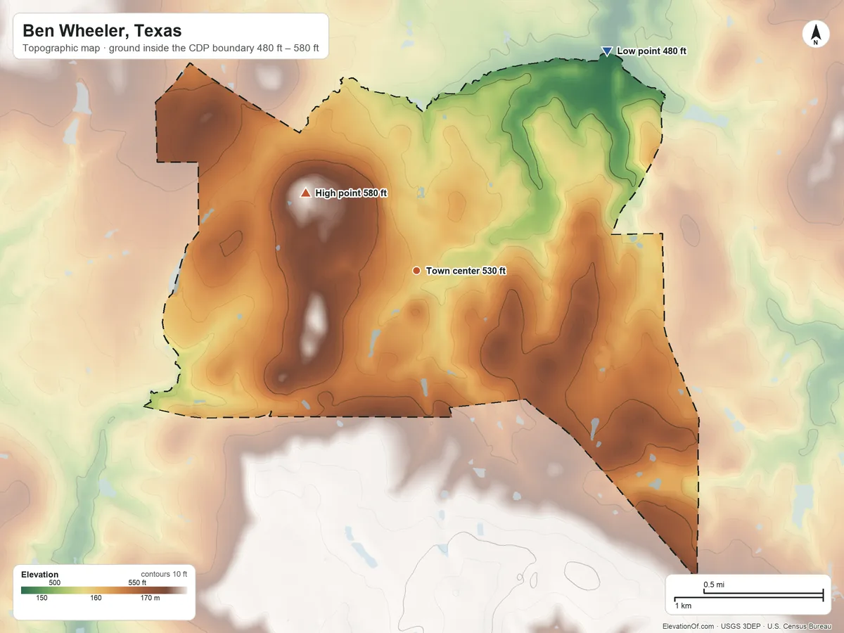Topographic elevation map of Ben Wheeler, Texas, shaded from 480 ft on the northeast side to 580 ft on the northwest side