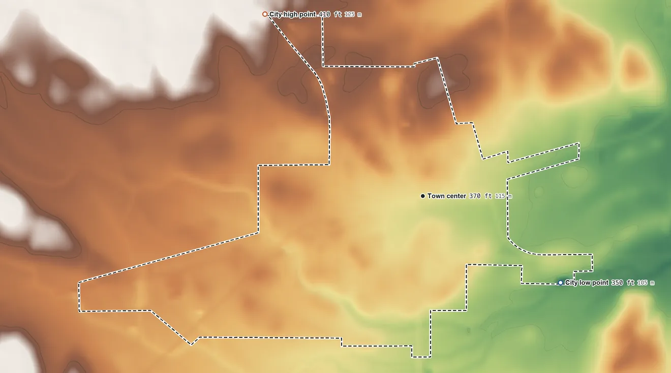 Topographic elevation map of Benavides, Texas, shaded from 350 ft on the southeast side to 410 ft on the northwest side