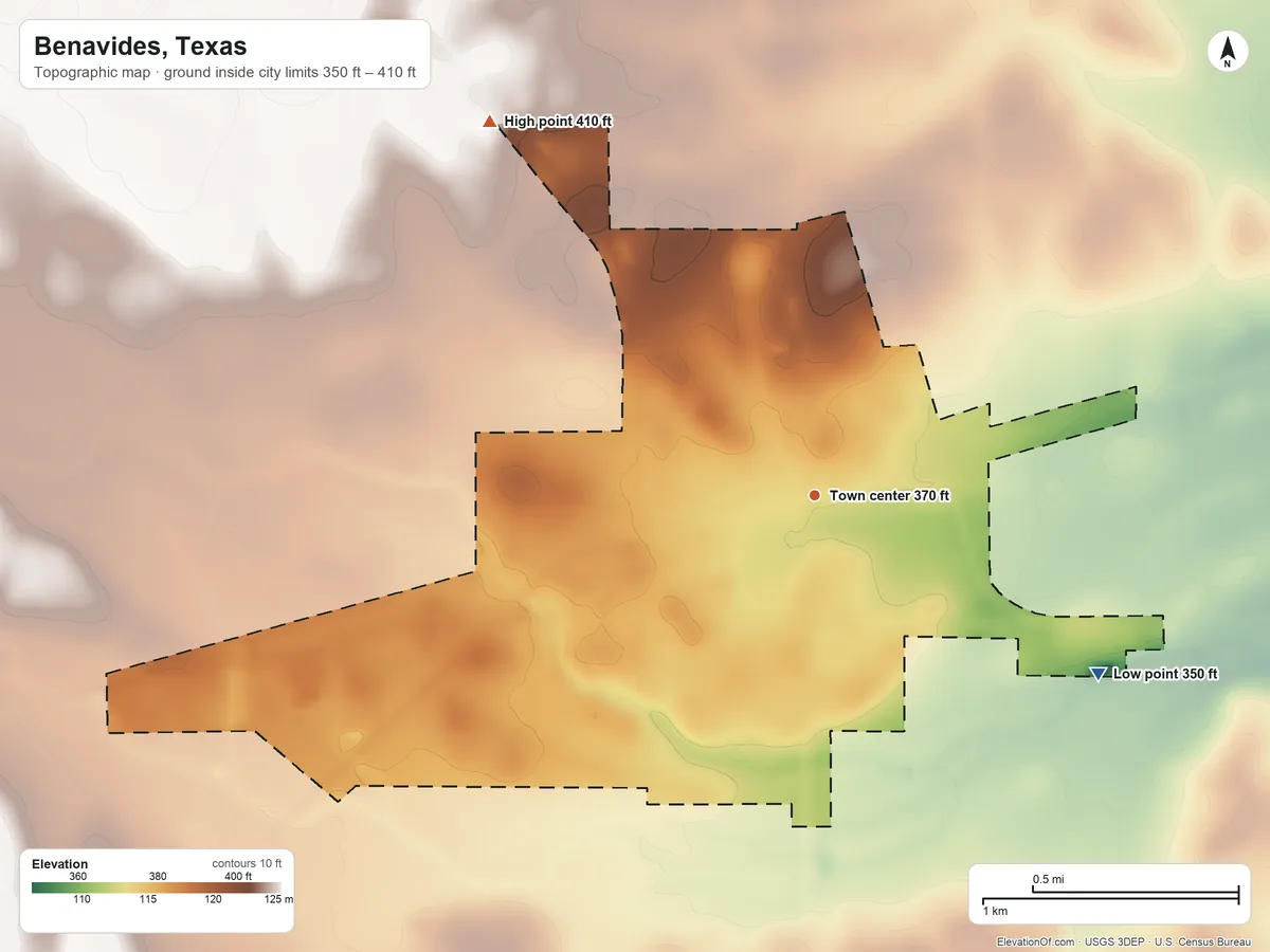 Topographic elevation map of Benavides, Texas, shaded from 350 ft on the southeast side to 410 ft on the northwest side