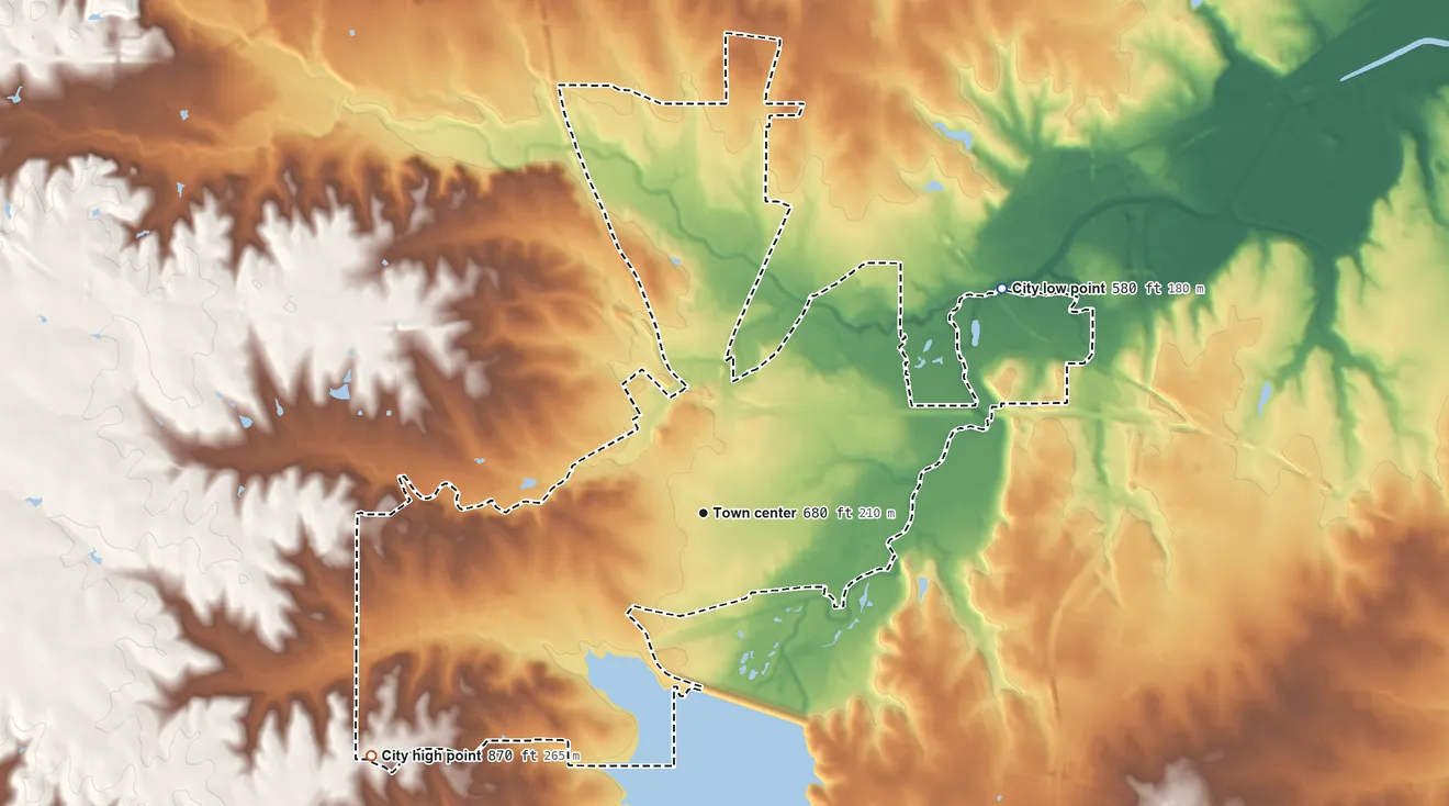 Topographic elevation map of Benbrook, Texas, shaded from 580 ft on the northeast side to 870 ft on the southwest side