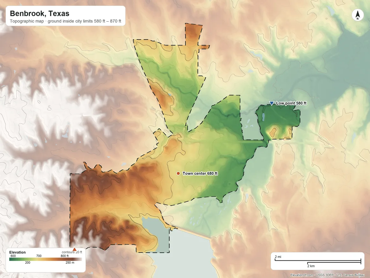 Topographic elevation map of Benbrook, Texas, shaded from 580 ft on the northeast side to 870 ft on the southwest side
