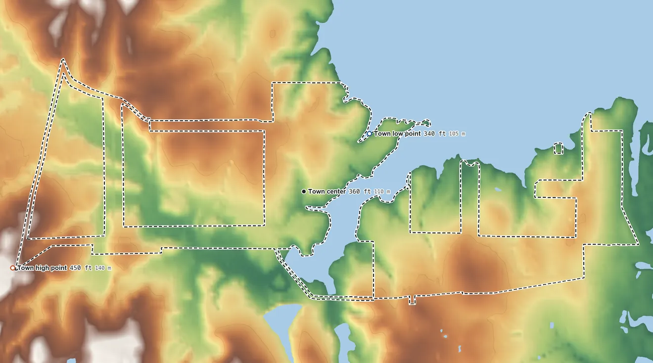 Topographic elevation map of Berryville, Texas, shaded from 340 ft on the northeast side to 450 ft on the west side