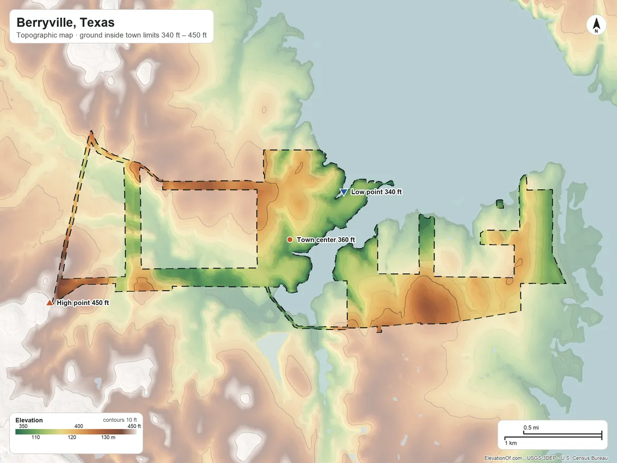 Topographic elevation map of Berryville, Texas, shaded from 340 ft on the northeast side to 450 ft on the west side