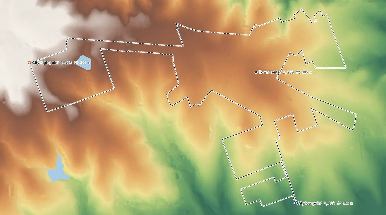 Topographic elevation map of Bertram, Texas, shaded from 1,180 ft on the south side to 1,310 ft on the west side