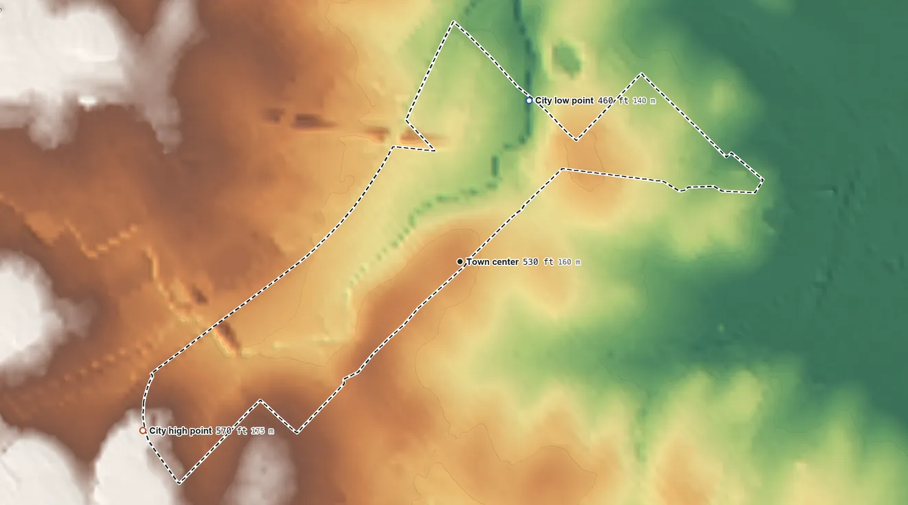 Topographic elevation map of Beverly Hills, Texas, shaded from 460 ft on the northeast side to 570 ft on the southwest side