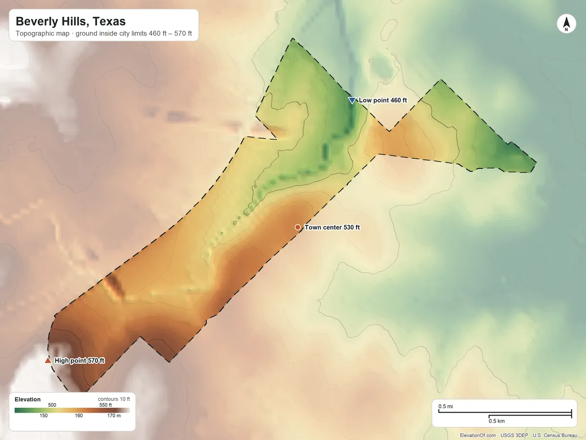 Topographic elevation map of Beverly Hills, Texas, shaded from 460 ft on the northeast side to 570 ft on the southwest side