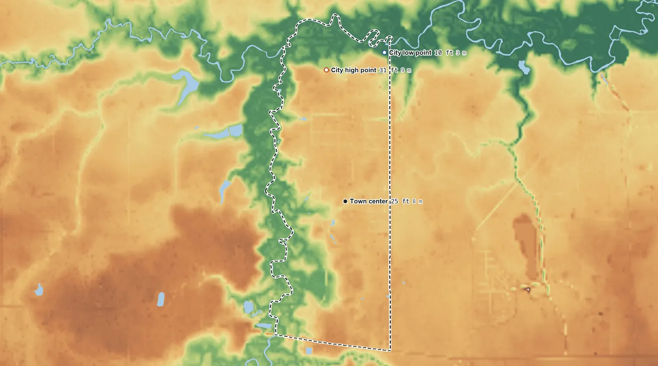 Topographic elevation map of Bevil Oaks, Texas, shaded from 10 ft on the north side to 31 ft on the north side