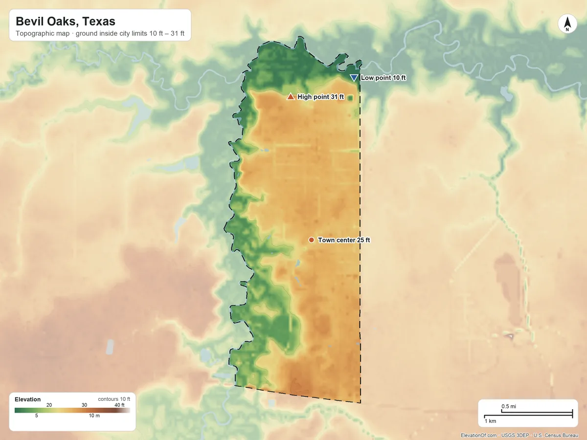 Topographic elevation map of Bevil Oaks, Texas, shaded from 10 ft on the north side to 31 ft on the north side