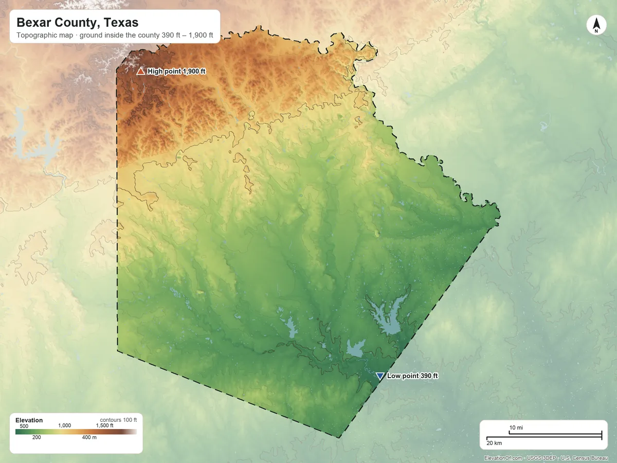 Topographic elevation map of Bexar County, Texas, shaded from 390 ft on the southeast side to 1,900 ft on Mount Smith