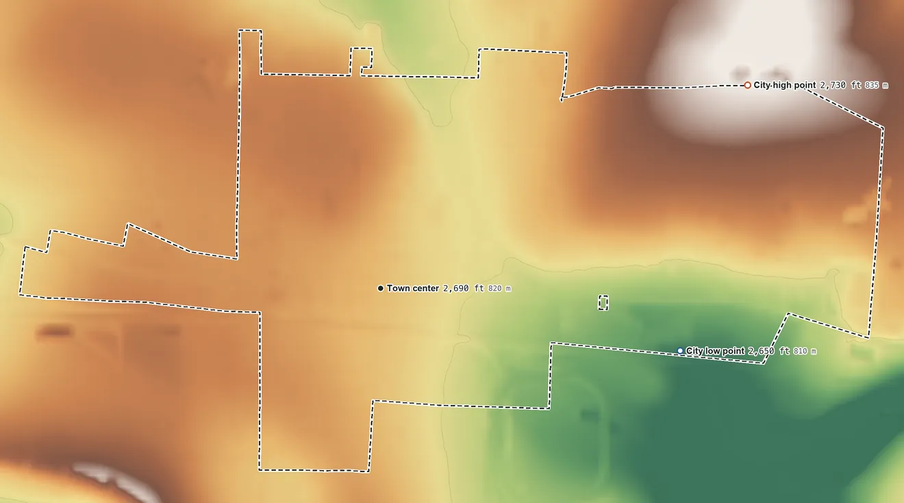 Topographic elevation map of Big Lake, Texas, shaded from 2,650 ft on the east side to 2,730 ft on the northeast side