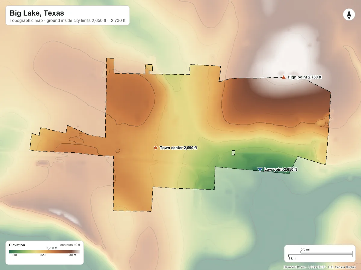 Topographic elevation map of Big Lake, Texas, shaded from 2,650 ft on the east side to 2,730 ft on the northeast side