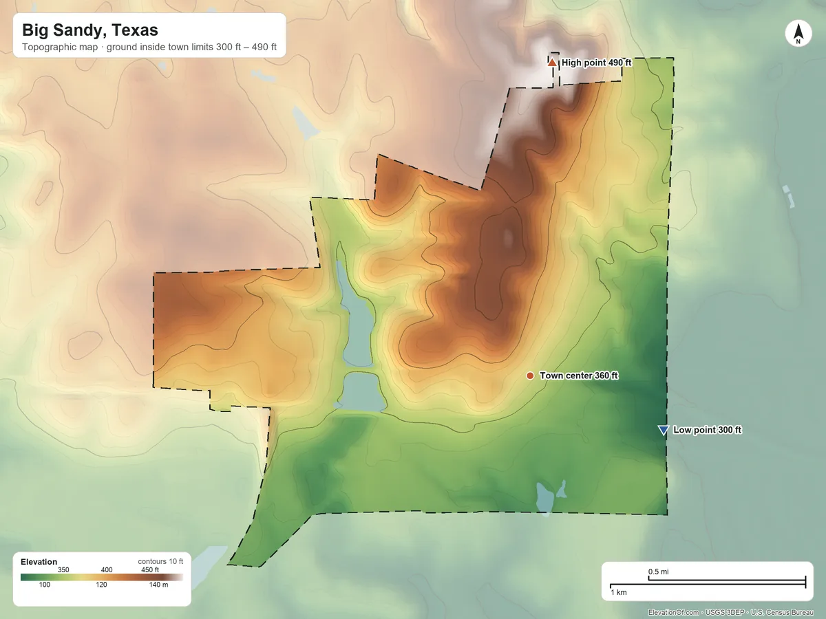 Topographic elevation map of Big Sandy, Texas, shaded from 300 ft on the east side to 490 ft on the north side