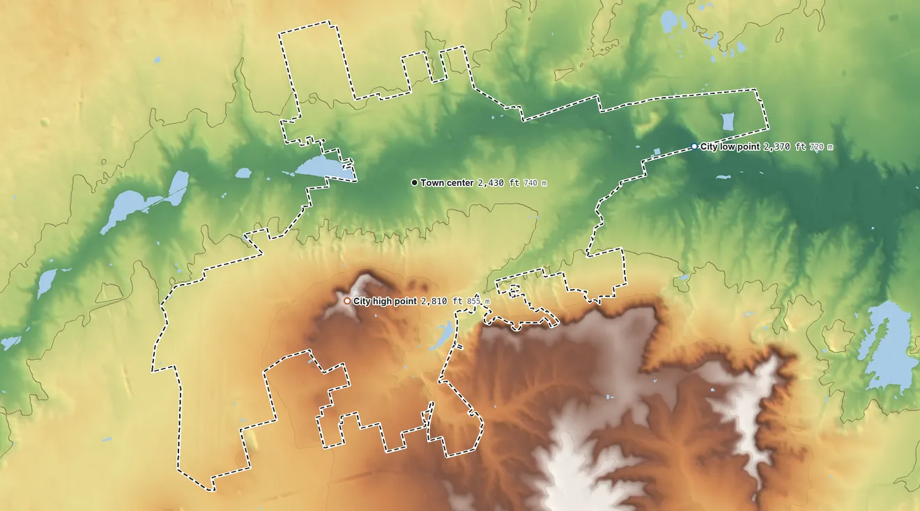 Topographic elevation map of Big Spring, Texas, shaded from 2,370 ft on the east side to 2,812 ft on Scenic Mountain