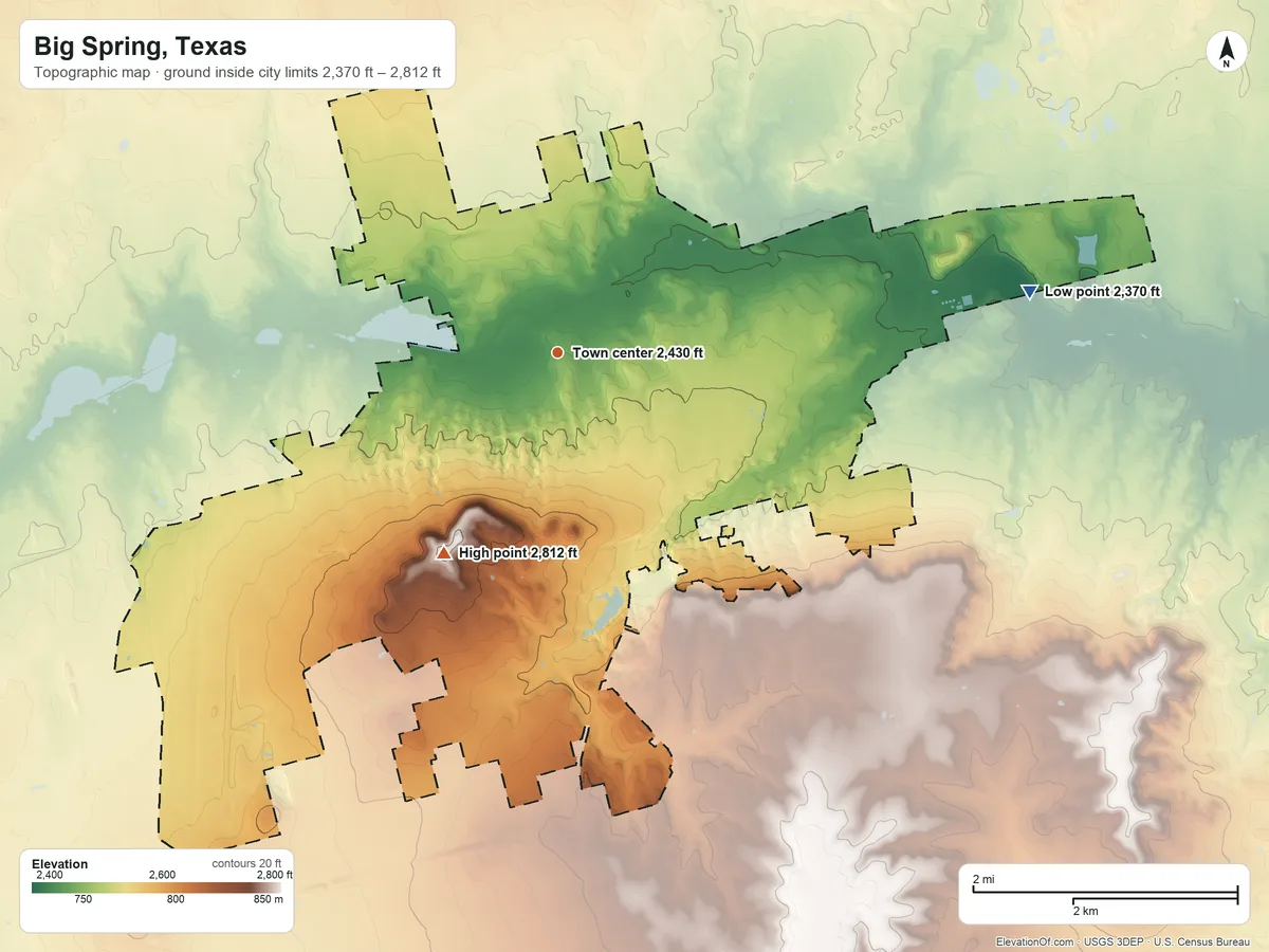 Topographic elevation map of Big Spring, Texas, shaded from 2,370 ft on the east side to 2,812 ft on Scenic Mountain
