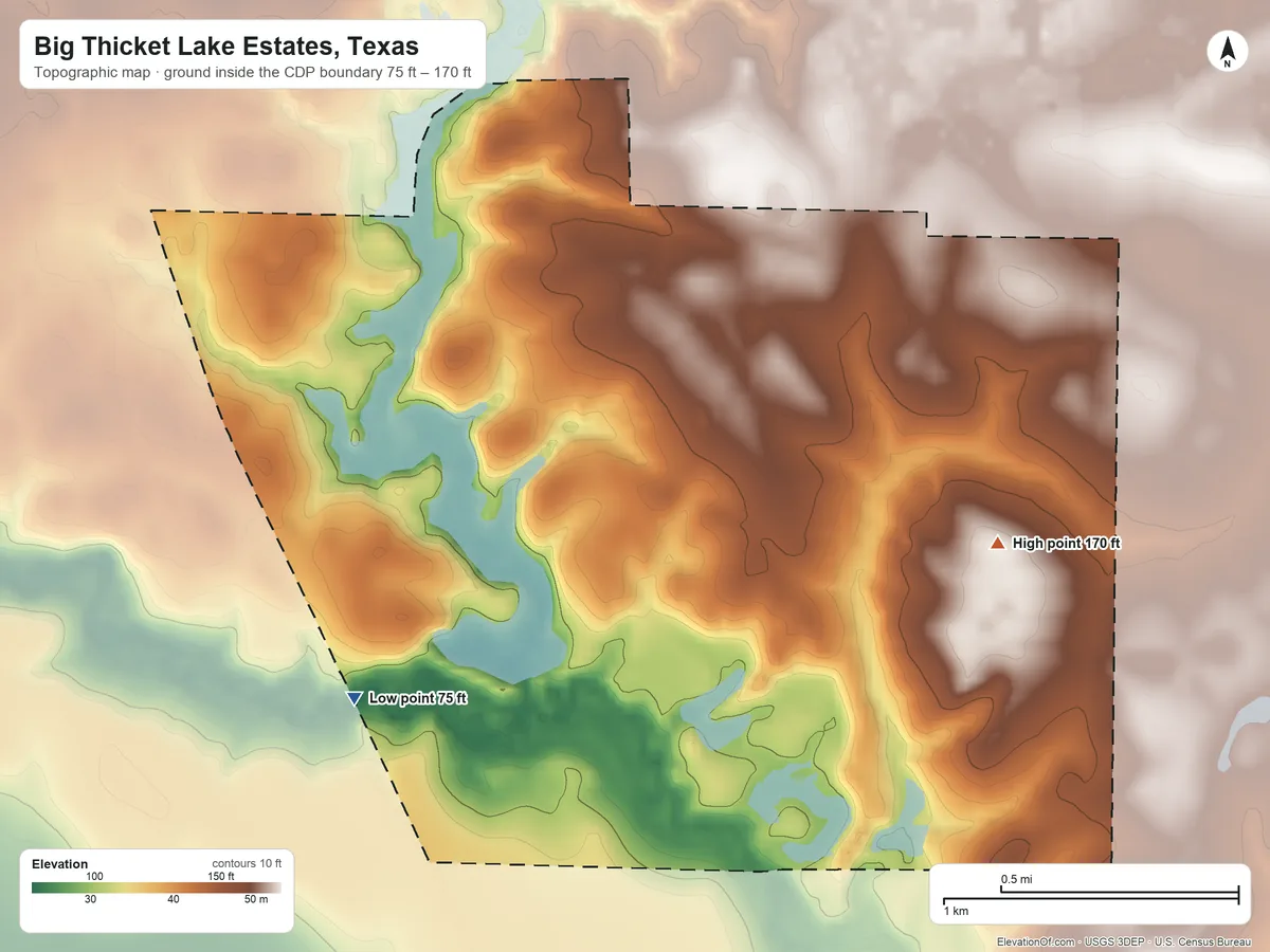 Topographic elevation map of Big Thicket Lake Estates, Texas, shaded from 75 ft on the southwest side to 170 ft on the east side