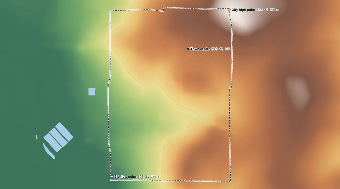 Topographic elevation map of Big Wells, Texas, shaded from 500 ft on the southwest side to 560 ft on the northeast side