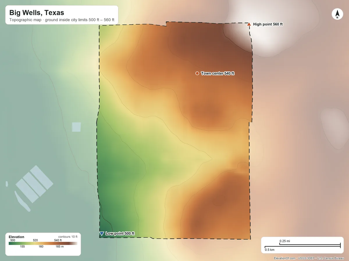 Topographic elevation map of Big Wells, Texas, shaded from 500 ft on the southwest side to 560 ft on the northeast side