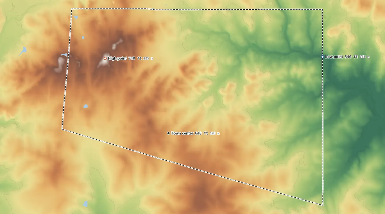 Topographic elevation map of Bigfoot, Texas, shaded from 540 ft on the northeast side to 740 ft on the northwest side