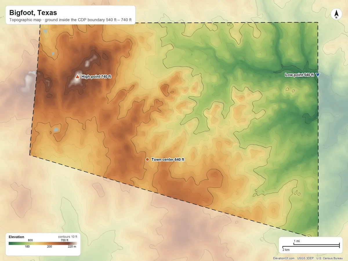 Topographic elevation map of Bigfoot, Texas, shaded from 540 ft on the northeast side to 740 ft on the northwest side