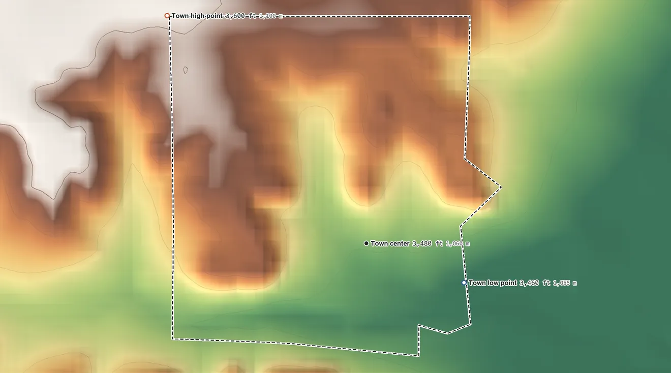 Topographic elevation map of Bishop Hills, Texas, shaded from 3,460 ft on the east side to 3,600 ft on the northwest side