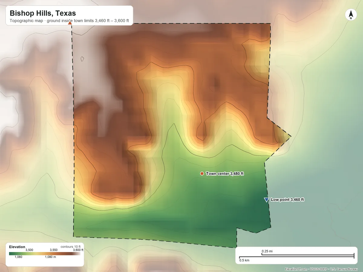 Topographic elevation map of Bishop Hills, Texas, shaded from 3,460 ft on the east side to 3,600 ft on the northwest side