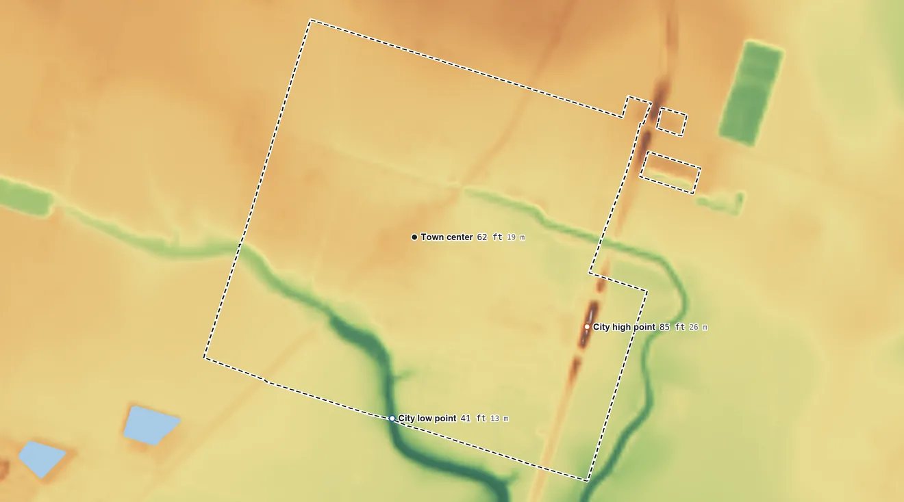 Topographic elevation map of Bishop, Texas, shaded from 41 ft on the south side to 85 ft on the southeast side