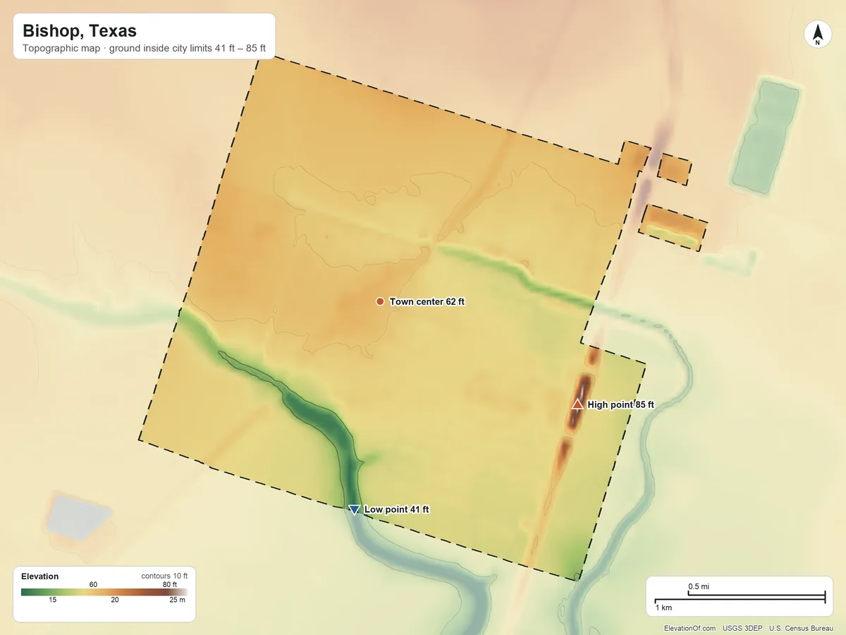 Topographic elevation map of Bishop, Texas, shaded from 41 ft on the south side to 85 ft on the southeast side