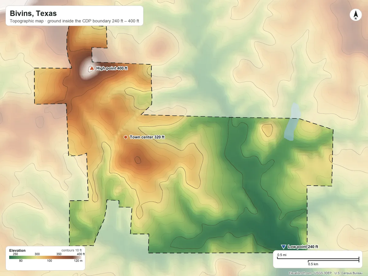 Topographic elevation map of Bivins, Texas, shaded from 240 ft on the southeast side to 400 ft on the northwest side
