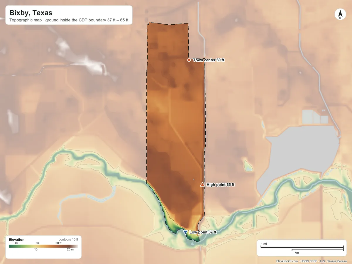 Topographic elevation map of Bixby, Texas, shaded from 37 ft on the south side to 65 ft on the south side