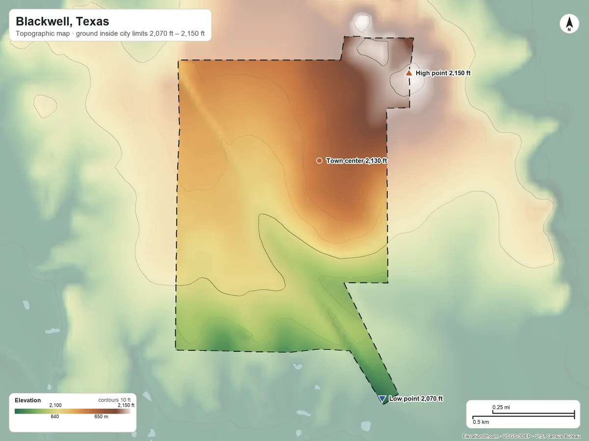 Topographic elevation map of Blackwell, Texas, shaded from 2,070 ft on the south side to 2,150 ft on the northeast side