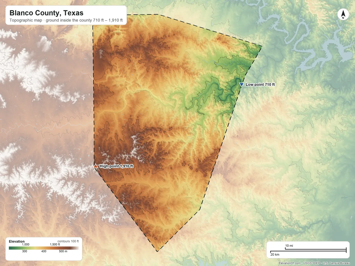 Topographic elevation map of Blanco County, Texas, shaded from 710 ft on the northeast side to 1,910 ft on the west side