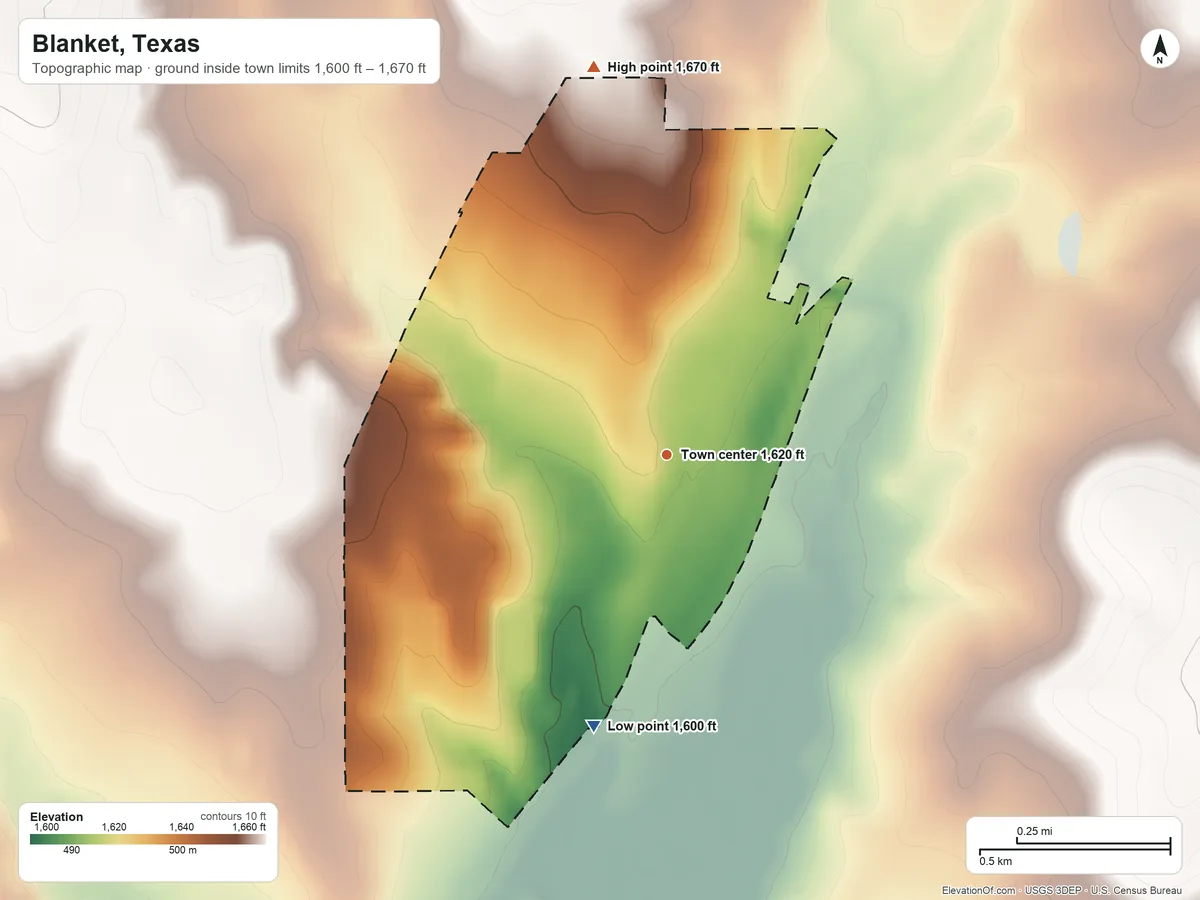Topographic elevation map of Blanket, Texas, shaded from 1,600 ft on the south side to 1,670 ft on the north side