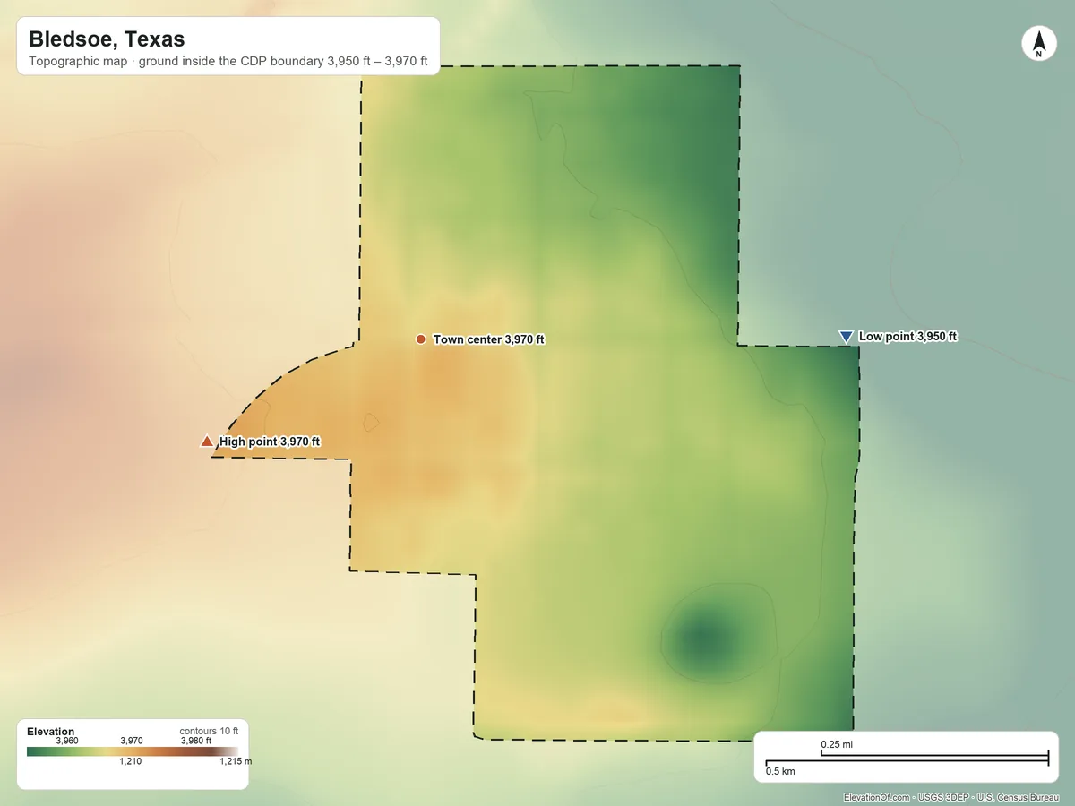 Topographic elevation map of Bledsoe, Texas, shaded from 3,950 ft on the east side to 3,970 ft on the southwest side