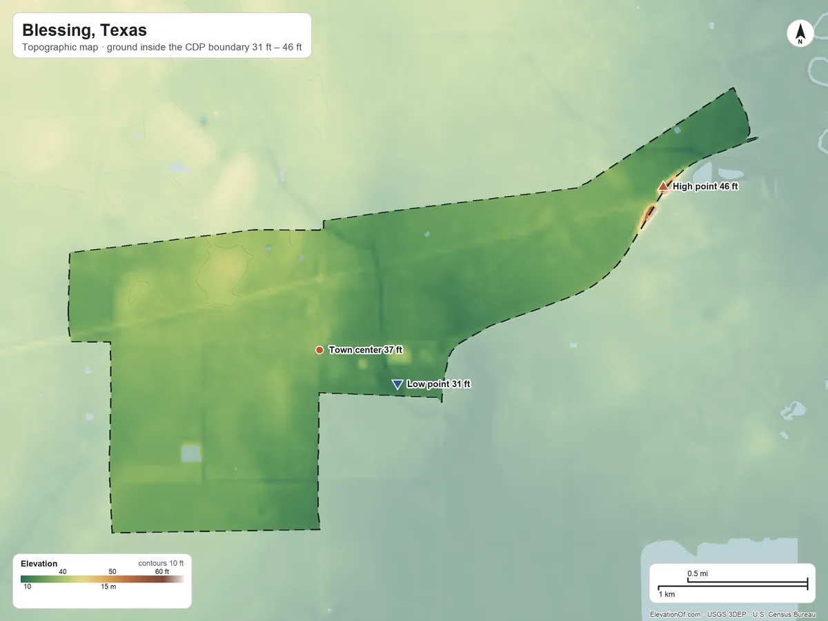 Topographic elevation map of Blessing, Texas, shaded from 31 ft on the southeast side to 46 ft on the northeast side