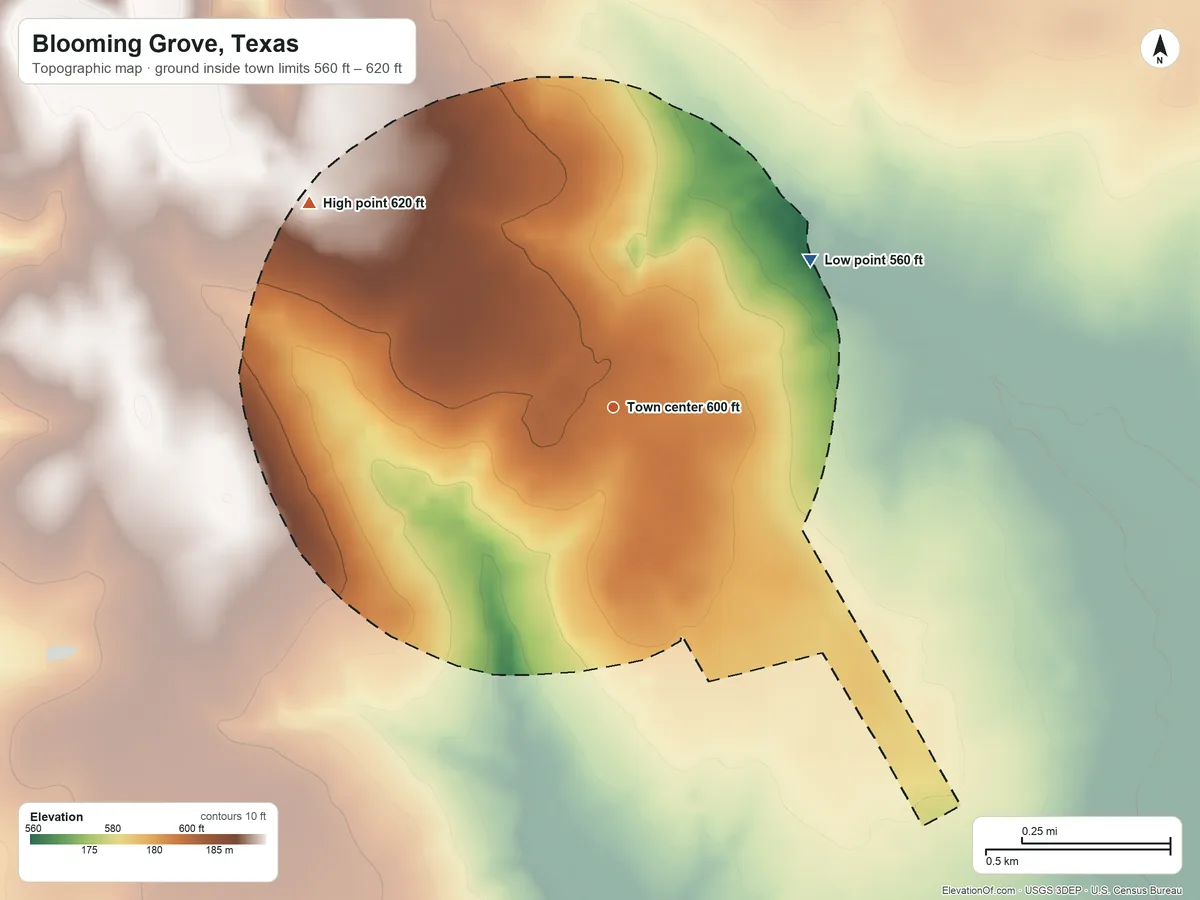 Topographic elevation map of Blooming Grove, Texas, shaded from 560 ft on the northeast side to 620 ft on the northwest side