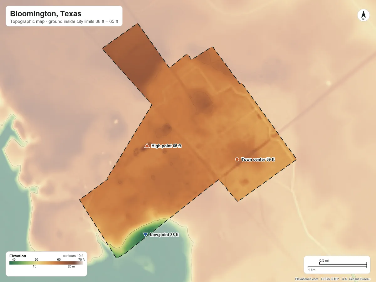 Topographic elevation map of Bloomington, Texas, shaded from 38 ft on the southwest side to 65 ft on the west side