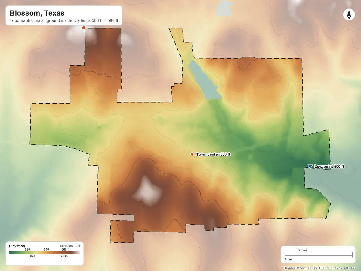 Topographic elevation map of Blossom, Texas, shaded from 500 ft on the east side to 580 ft on the northwest side