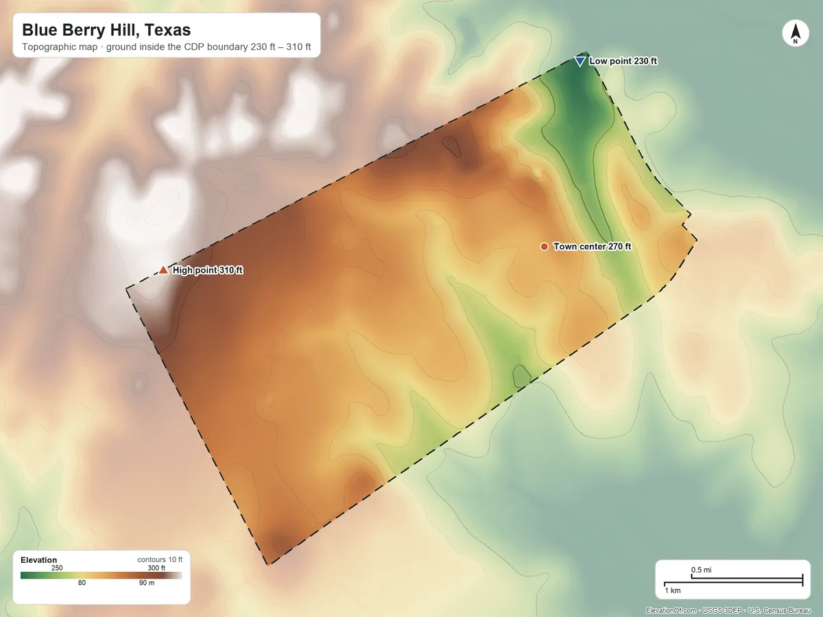 Topographic elevation map of Blue Berry Hill, Texas, shaded from 230 ft on the north side to 310 ft on the west side