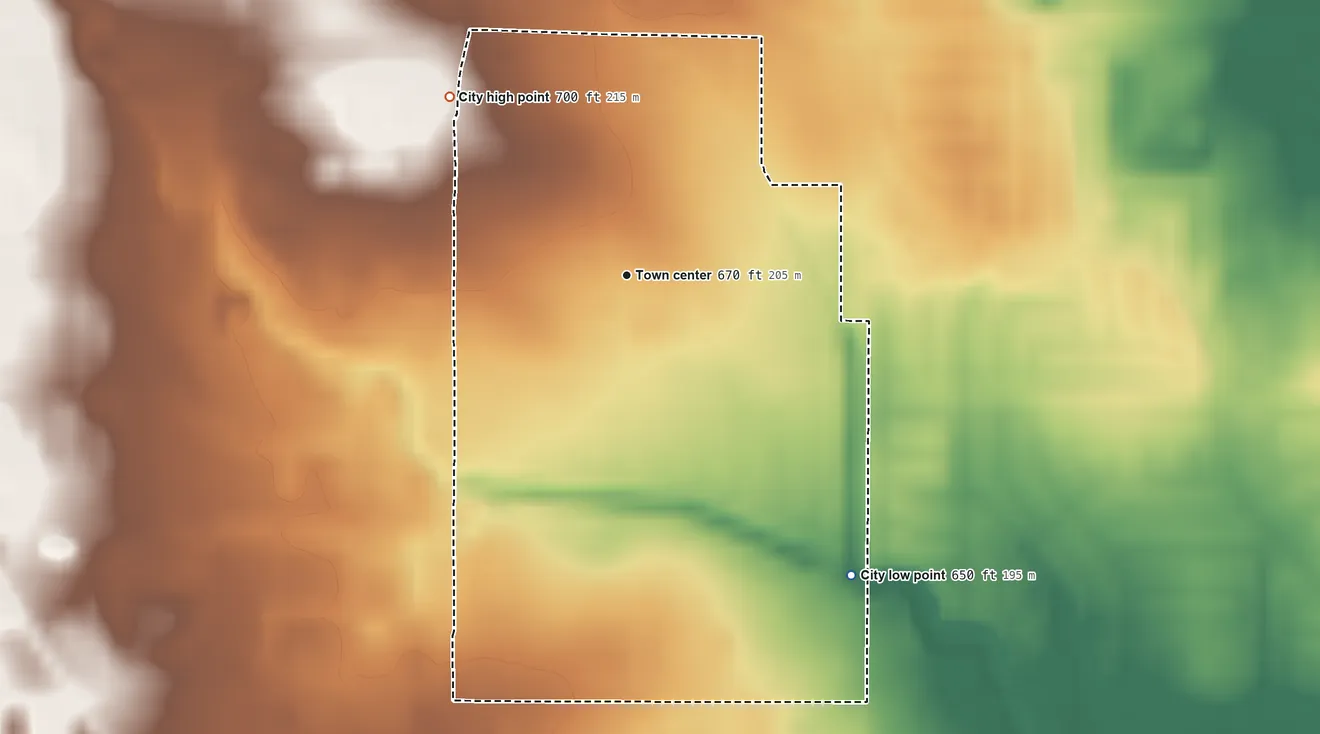 Topographic elevation map of Blue Mound, Texas, shaded from 650 ft on the southeast side to 700 ft on the northwest side
