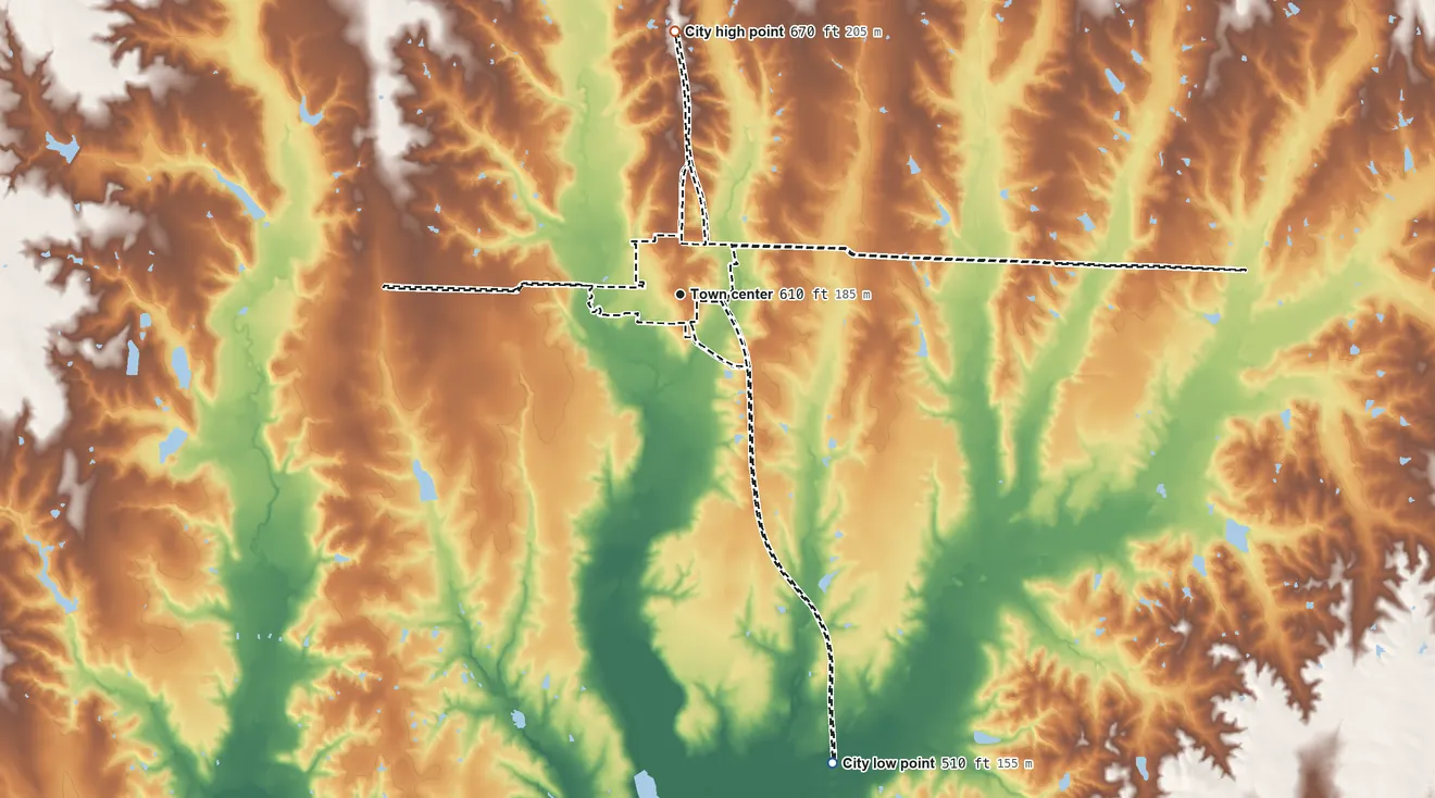 Topographic elevation map of Blue Ridge, Texas, shaded from 510 ft on the south side to 670 ft on the north side