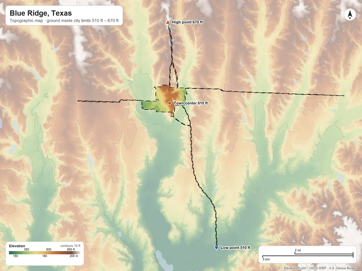 Topographic elevation map of Blue Ridge, Texas, shaded from 510 ft on the south side to 670 ft on the north side