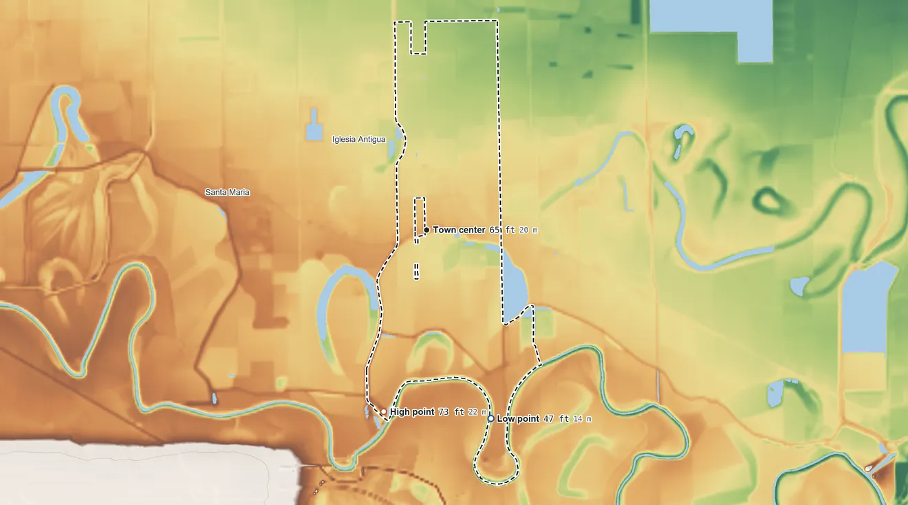 Topographic elevation map of Bluetown, Texas, shaded from 47 ft on the south side to 73 ft on the south side