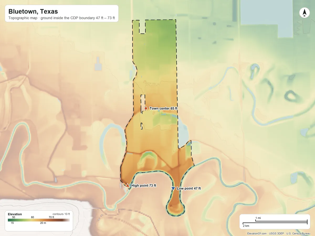 Topographic elevation map of Bluetown, Texas, shaded from 47 ft on the south side to 73 ft on the south side