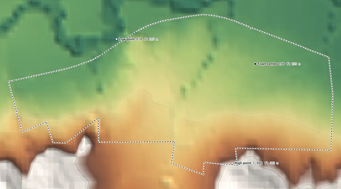 Topographic elevation map of Bluff Dale, Texas, shaded from 870 ft on the west side to 1,000 ft on the south side