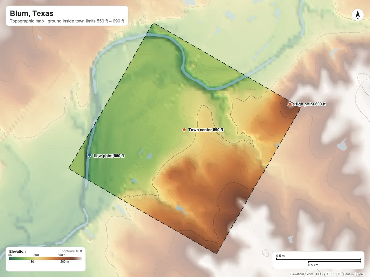 Topographic elevation map of Blum, Texas, shaded from 550 ft on the west side to 690 ft on the east side